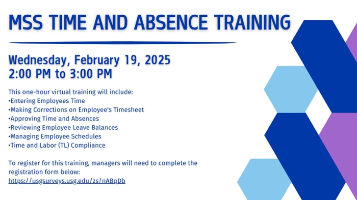 Manager Self Service (MSS) Time and Absence Training flyer.